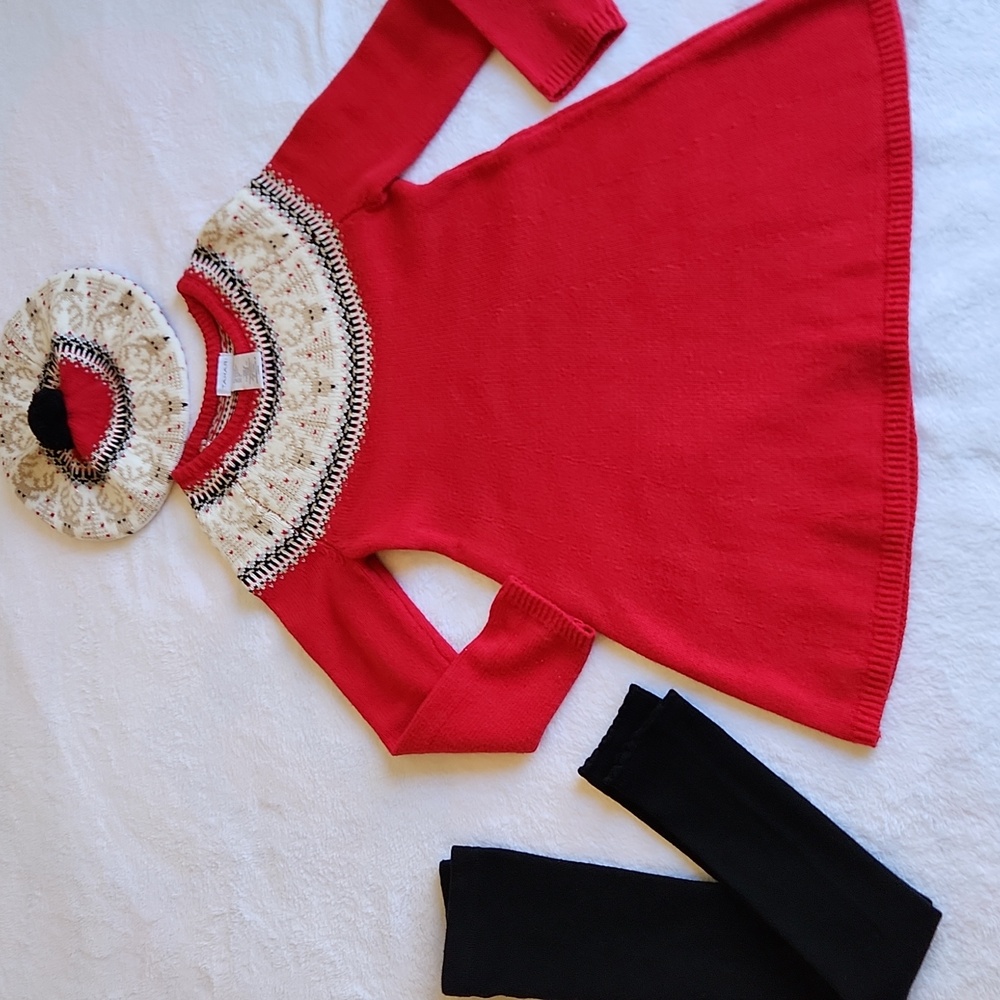 Tahari Chrismas Red and Cream Sweater Dress with Black Leggings